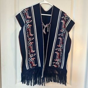 Vintage 1970’s Blue/Red/White Tie Front Fringe Mexican Knit Poncho Sweater, S/M